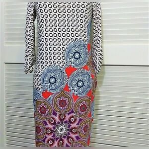 Chico’s Dress Slinky Travelers Knit Brown White Paisley Print, Size 12-14